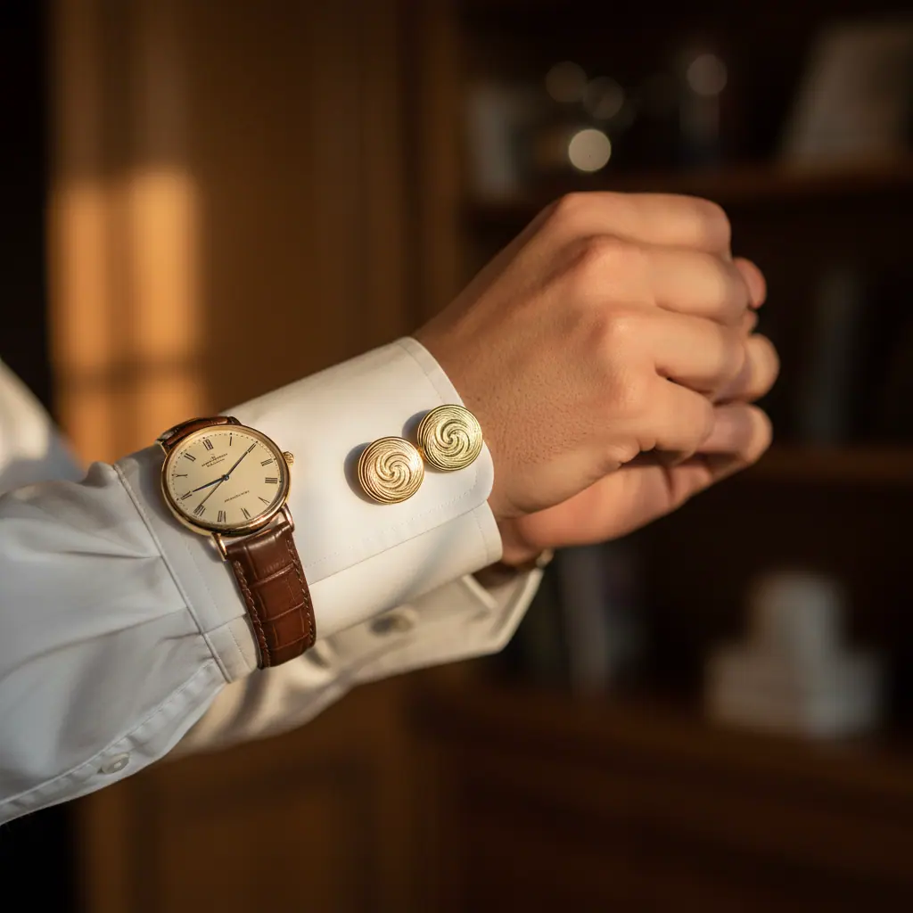 Détails de boutons de manchette en nacre noire et montre habillée Jaeger-LeCoultre extra-plate posés sur la manchette d'une chemise blanche