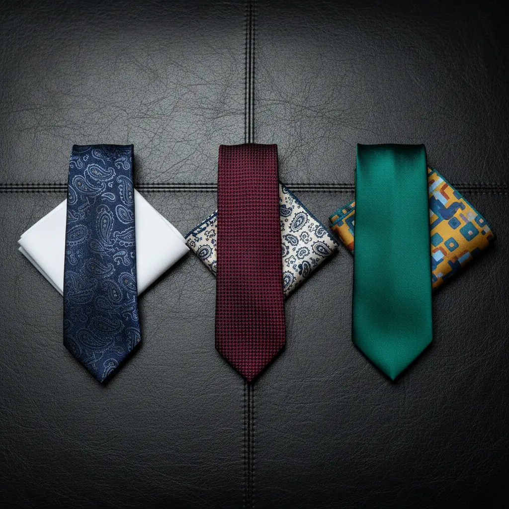 Détail d'un pliage de pochette trois pointes en soie imprimée sur veste en flanelle grise