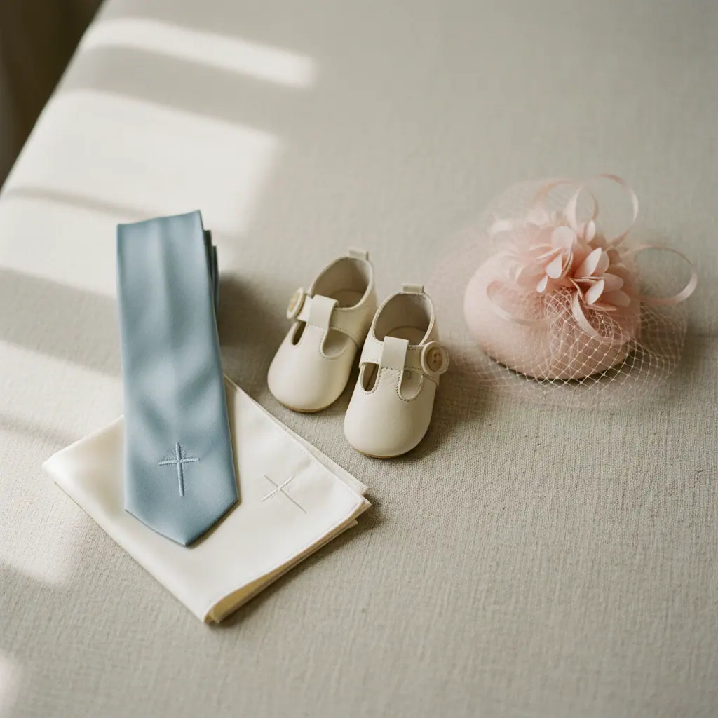 Parrain en costume bleu marine et marraine en robe midi rose poudré tenant un bébé en robe de baptême