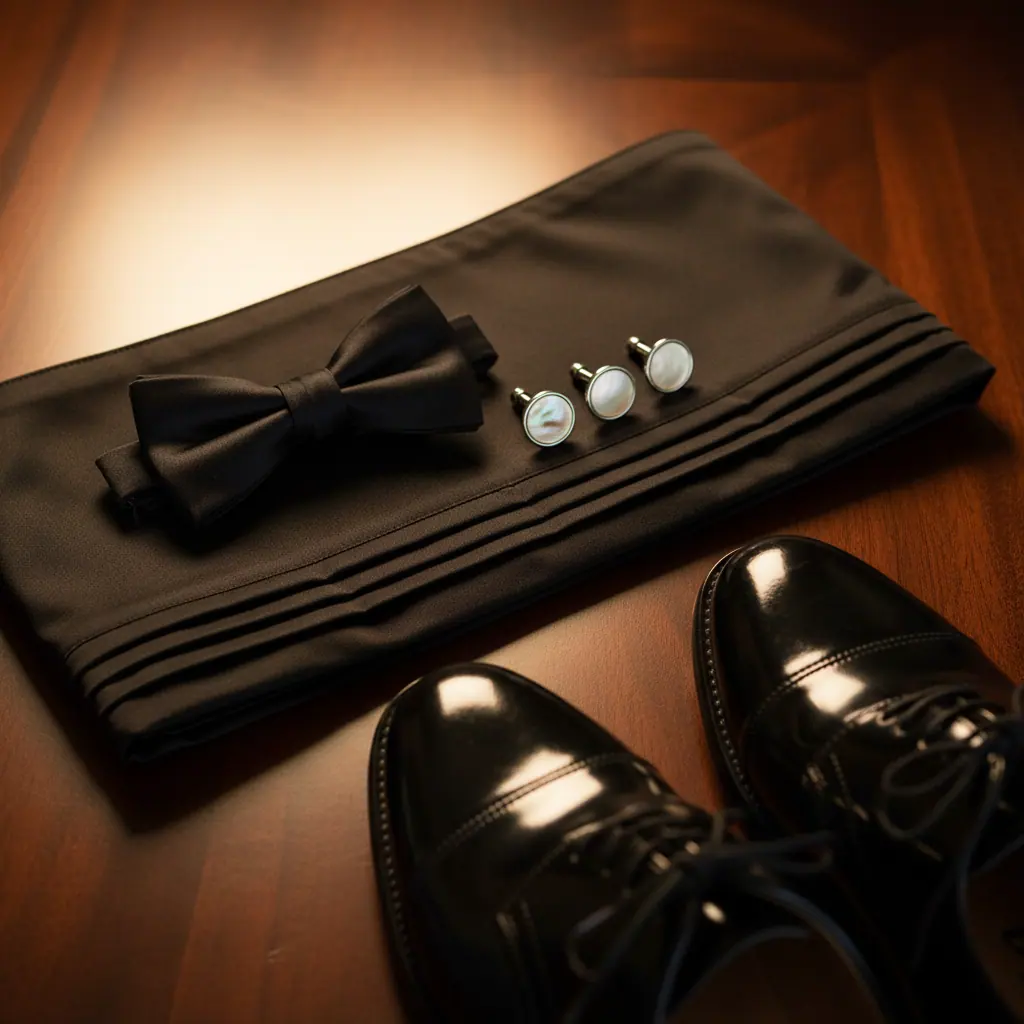 Détails d'un smoking : revers châle satiné, nœud papillon noué main en soie noire, boutons de manchette en onyx et plastron de chemise marcella