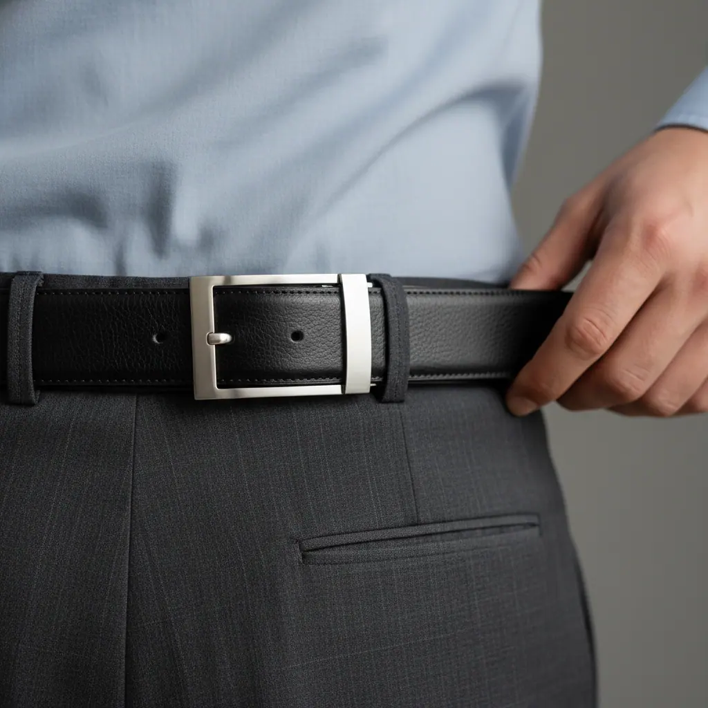 Détail d'une boucle ovale en laiton brossé fixée sur ceinture en cuir cordovan bordeaux glacé, avec piqûre sellier ton sur ton