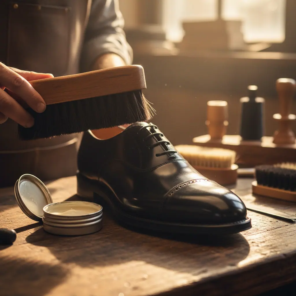 Détails d'une Oxford cap-toe noire en cuir glacé : couture Goodyear visible, trépointe cousue main, patine bordeaux en bouts