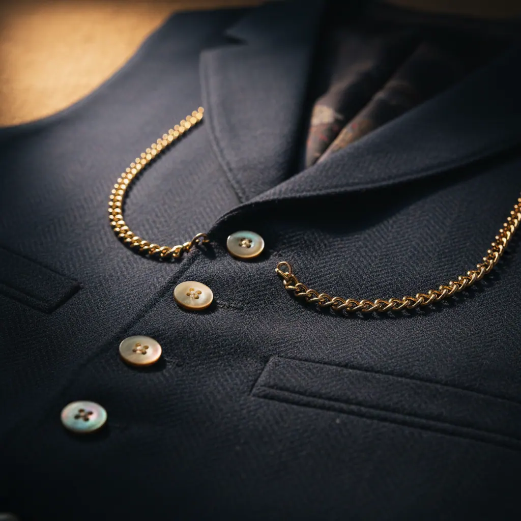 Détail d'un gilet de costume trois pièces en flanelle grise, montrant les six boutons frontaux dont le dernier est laissé ouvert, avec montre gousset glissée dans la poche du gilet