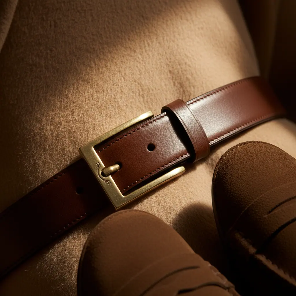 Détail d'un costume camel en fresco avec revers cran aigu, boutonnage 2 boutons et poches à rabat