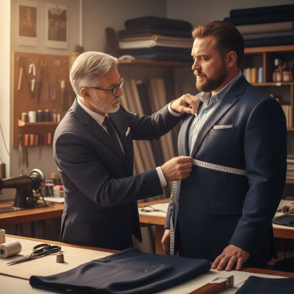 Détail veste en laine bleu nuit bien coupée sur silhouette large, épaule structurée