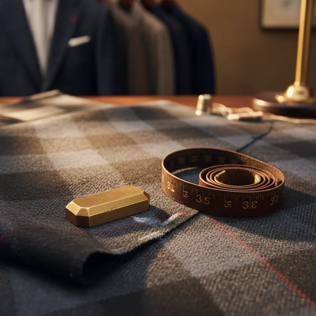 Détail du tissage d'un prince de Galles gris avec surcheck bleu turquoise, chevrons et carreaux clairement visibles