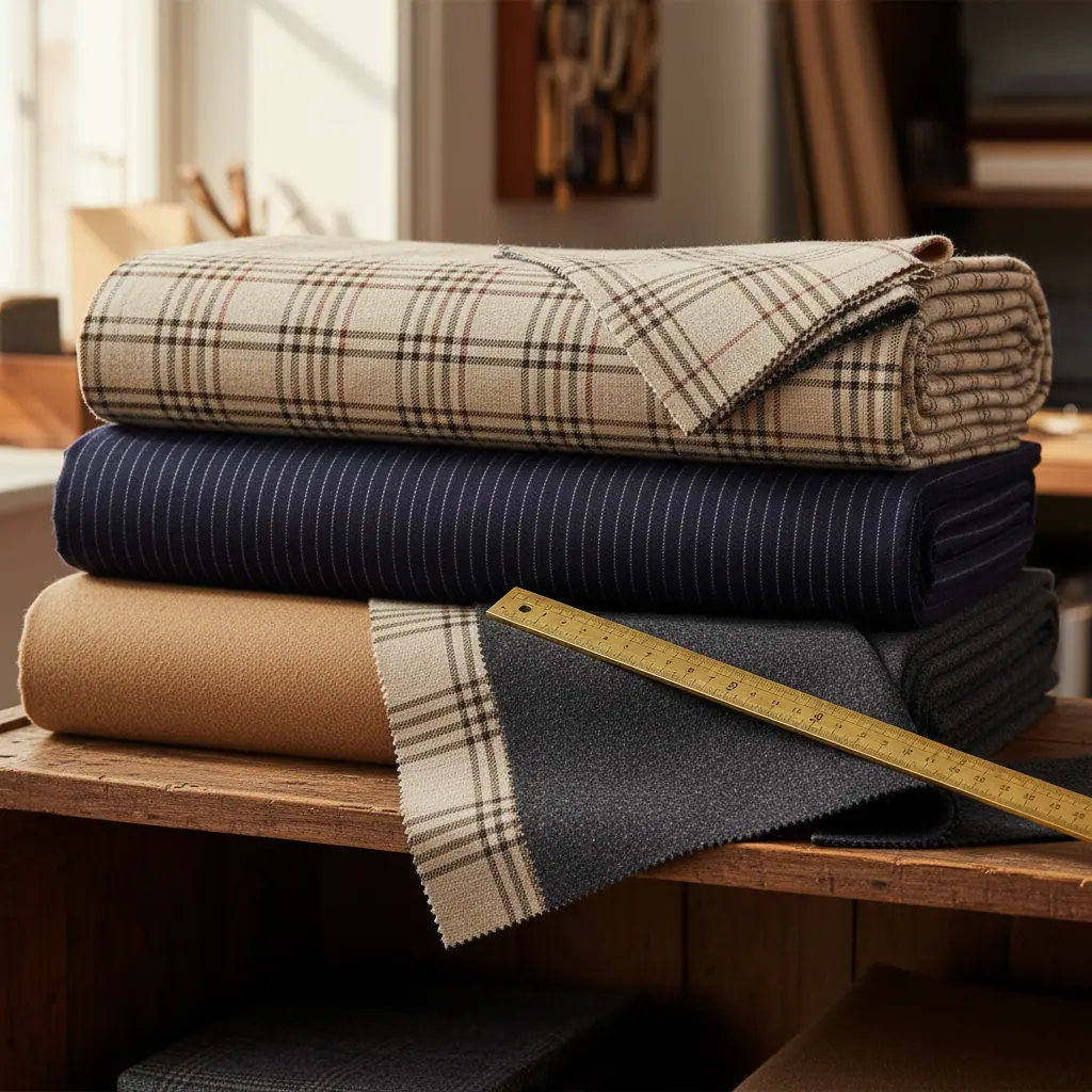 Échantillons de draps Holland & Sherry et Loro Piana posés sur une table d'atelier, mètre ruban et craie de tailleur