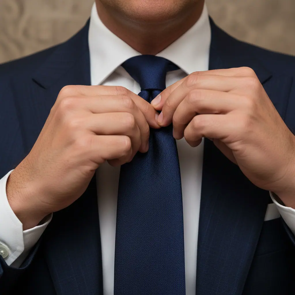 Détail d'une cravate en grenadine garza grossa bleu nuit nouée en demi-Windsor avec dimple central, sur chemise blanche à col italien