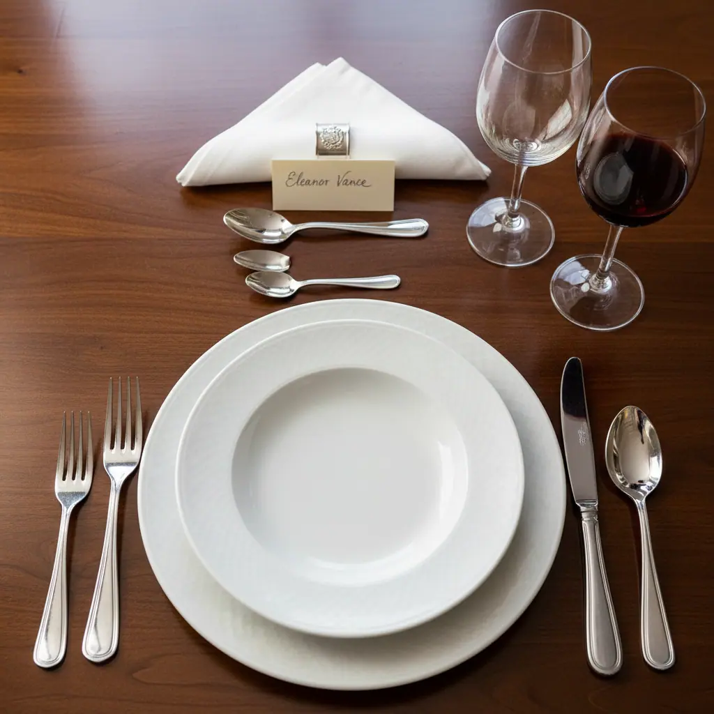 Détail des couverts disposés selon le service à la française pour un dîner d'affaires