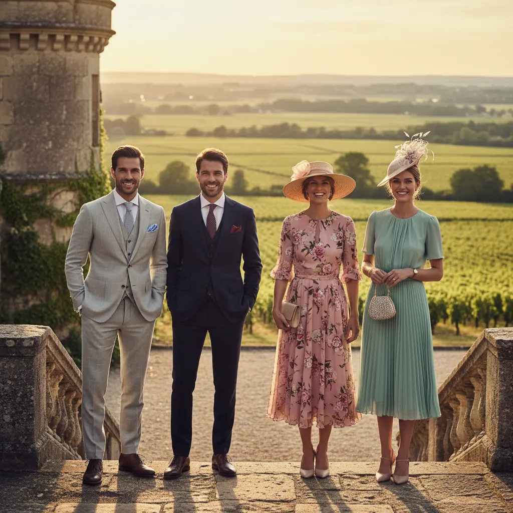 Invités en tenue de cérémonie à la sortie d'une église, costumes sombres et robes longues sous la lumière dorée du soir