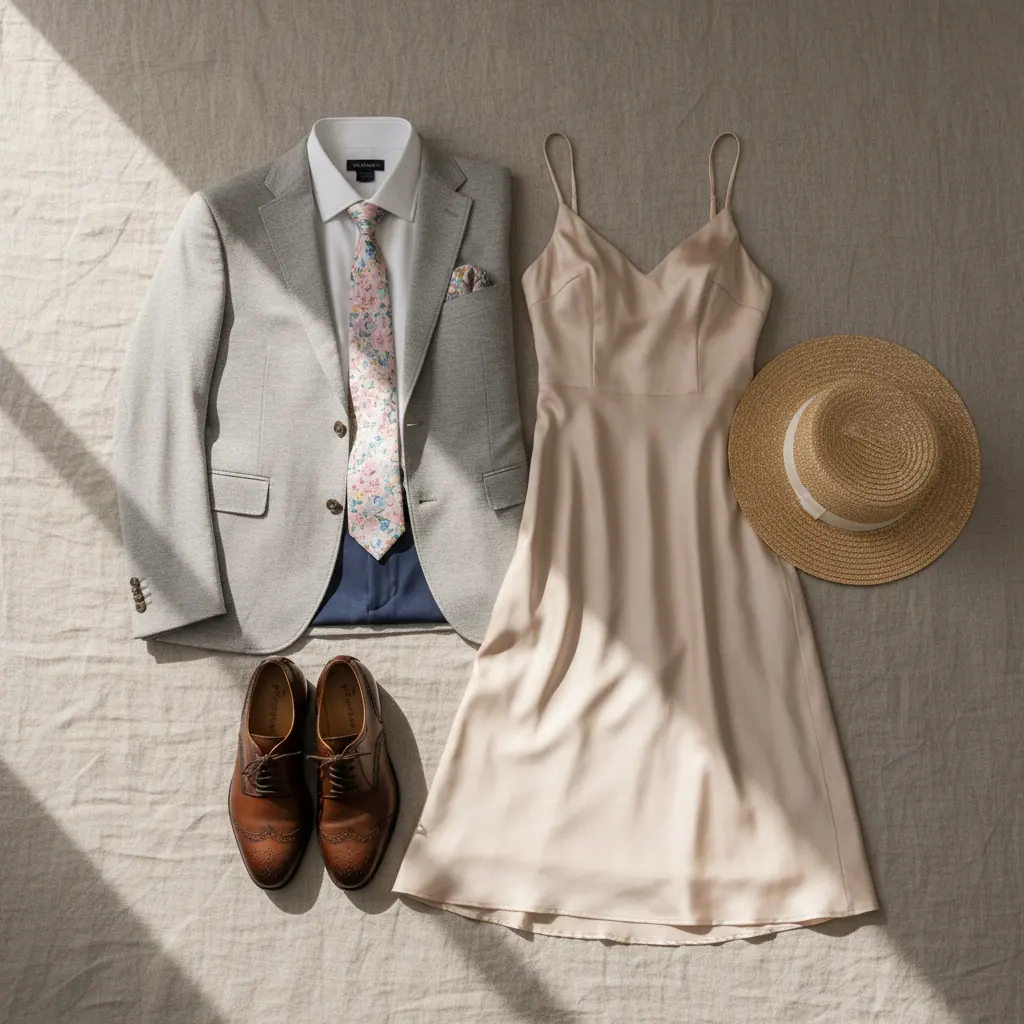 Détails d'une tenue de mariage invité : oxford noires, pochette ivoire, boutons de manchette nacre et cravate grenadine bordeaux posés sur un carton d'invitation