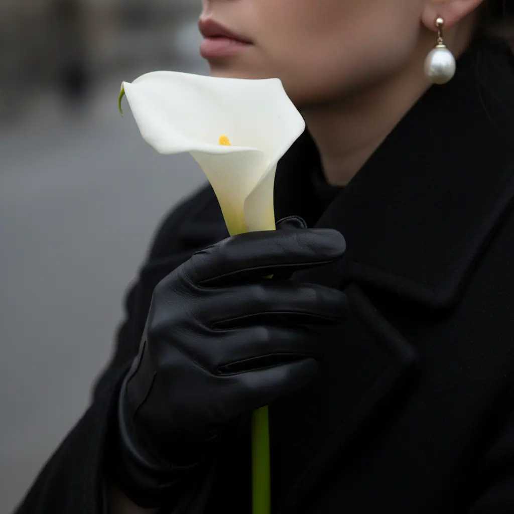 Détail d'un costume noir, d'une cravate noire et d'une pochette blanche pliée en présidentielle