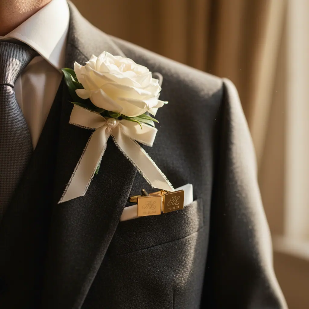 Détail d'un bouquet nuptial et d'une boutonnière du témoin sur un costume gris perle