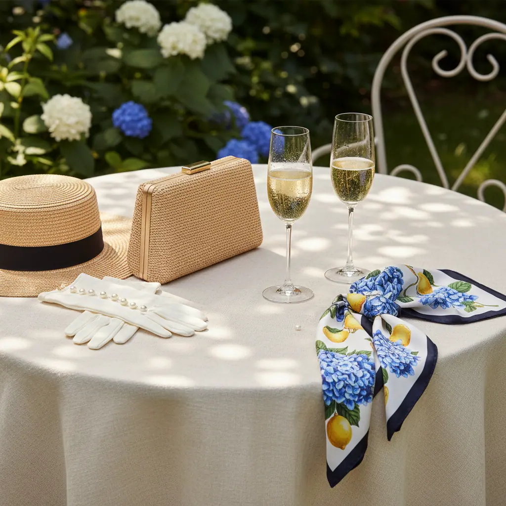 Invité masculin en costume bleu clair en lin et derby daim lors d'un cocktail en jardin