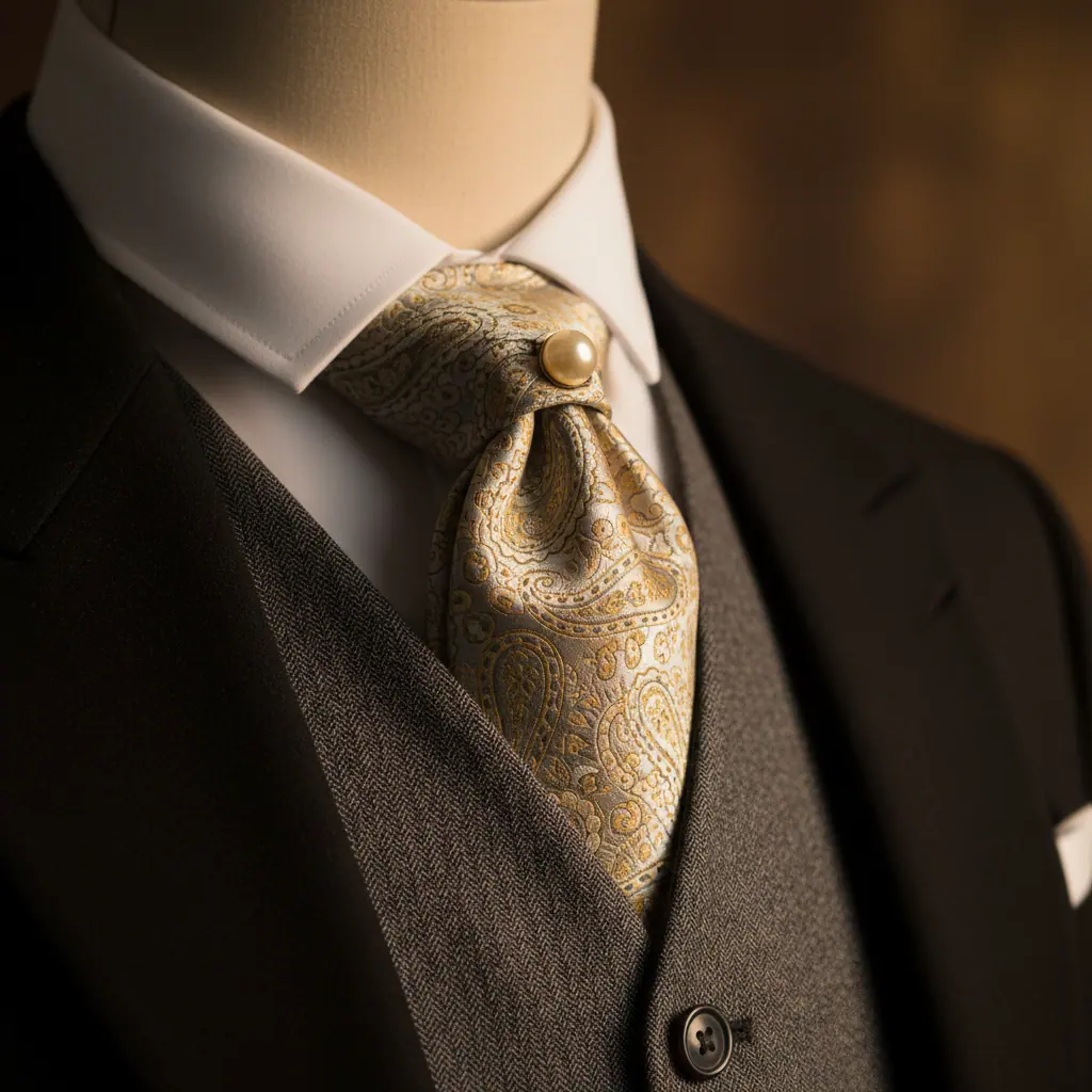 Détail du plastron, de la cravate en soie argentée et de l'épingle sur une jaquette de marié