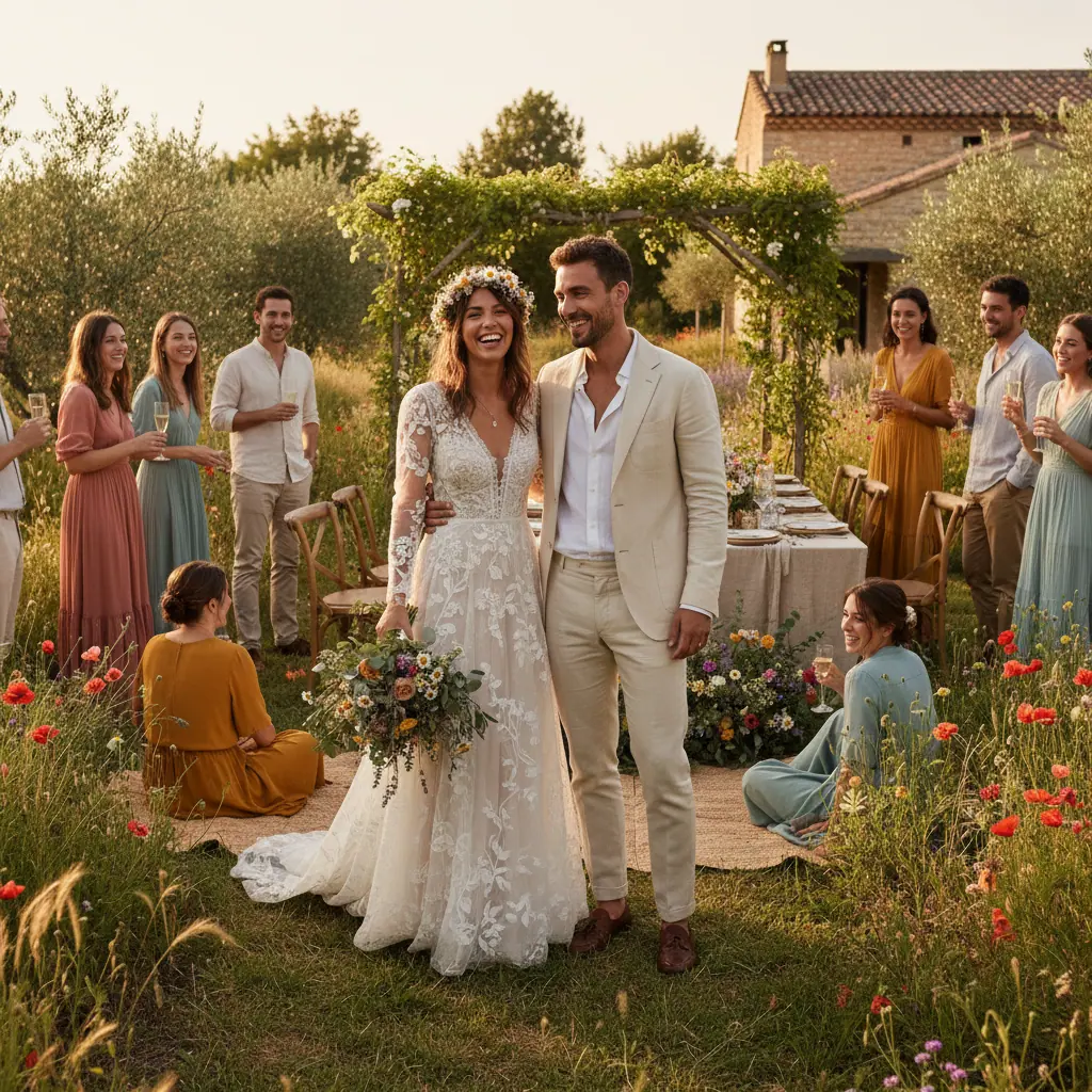 Tenue mariage bohème champêtre : guide invités élégance