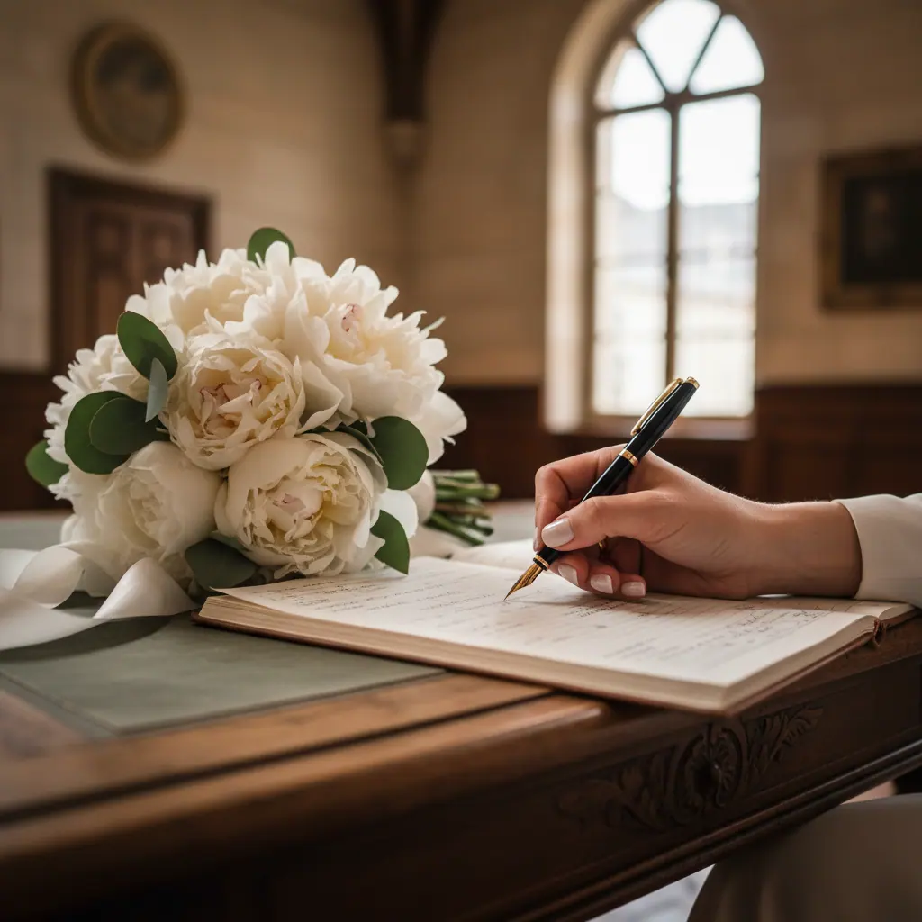 Détail d'une robe mi-longue bleu nuit et d'un sac en cuir grainé pour un mariage civil