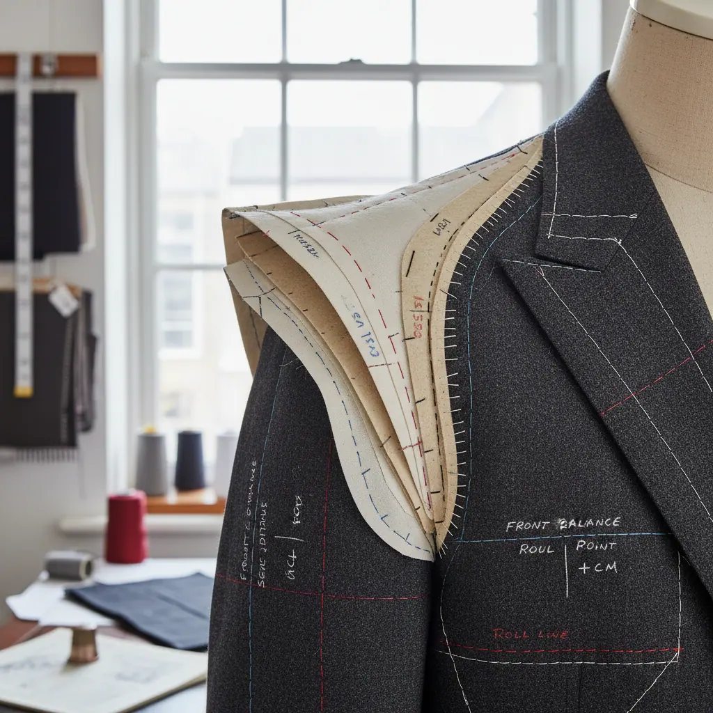 Détail d'une épaule structurée anglaise sur veste croisée, ligne horizontale nette à l'articulation