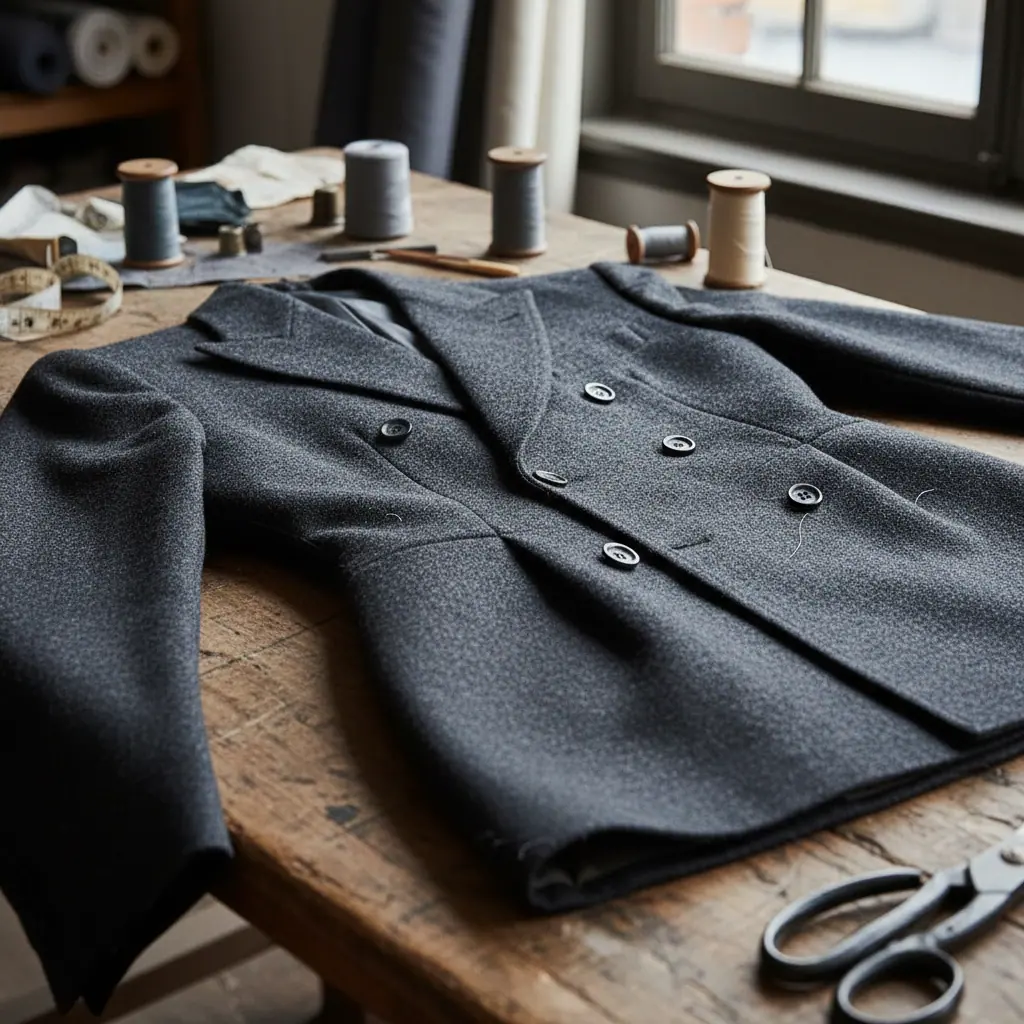 Détail d'une pince dorsale ajourée sur veste gris flanelle, galbe subtil animant une silhouette rectangle