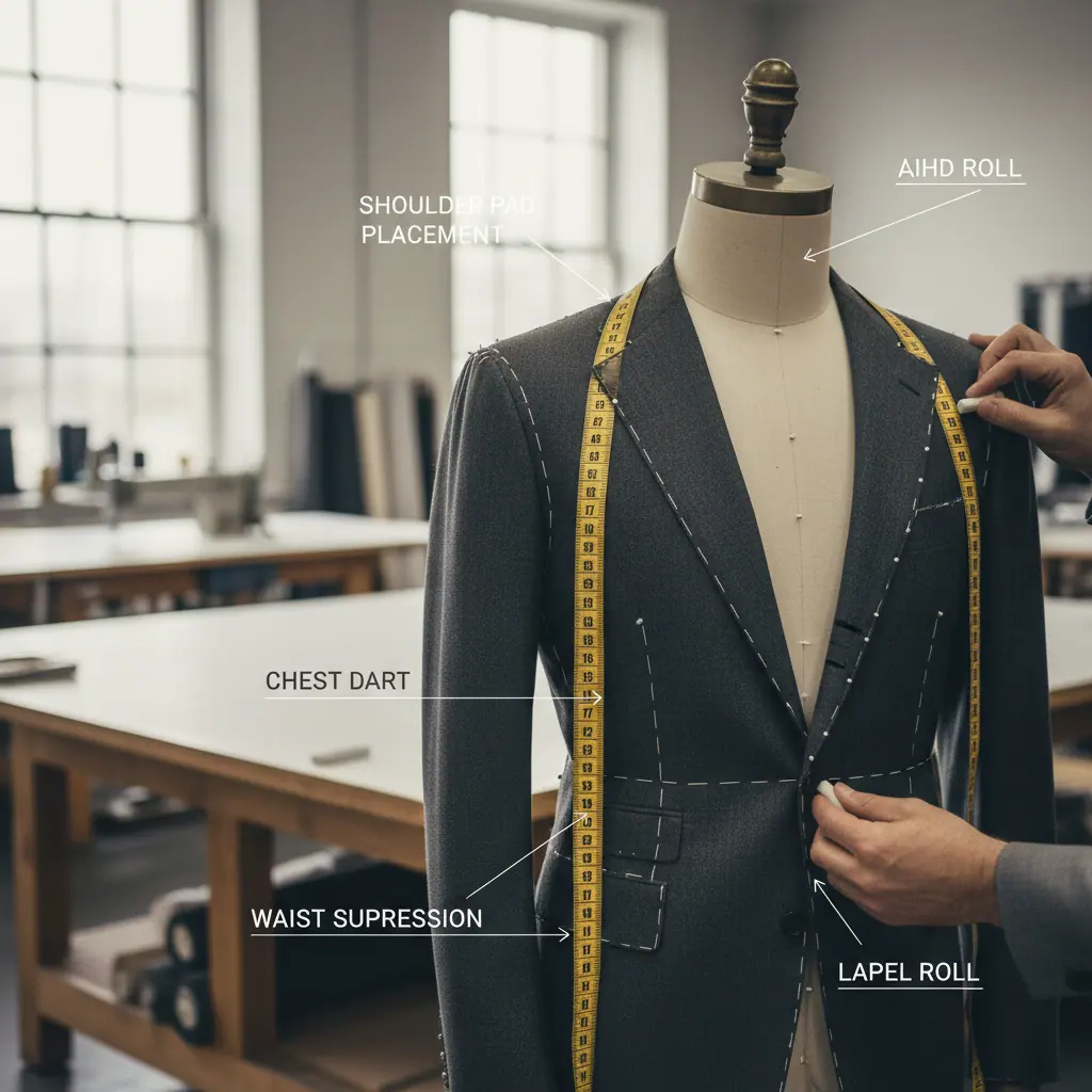 Détail d'une épaule napolitaine non rembourrée sur costume bleu nuit, couture roulée caractéristique