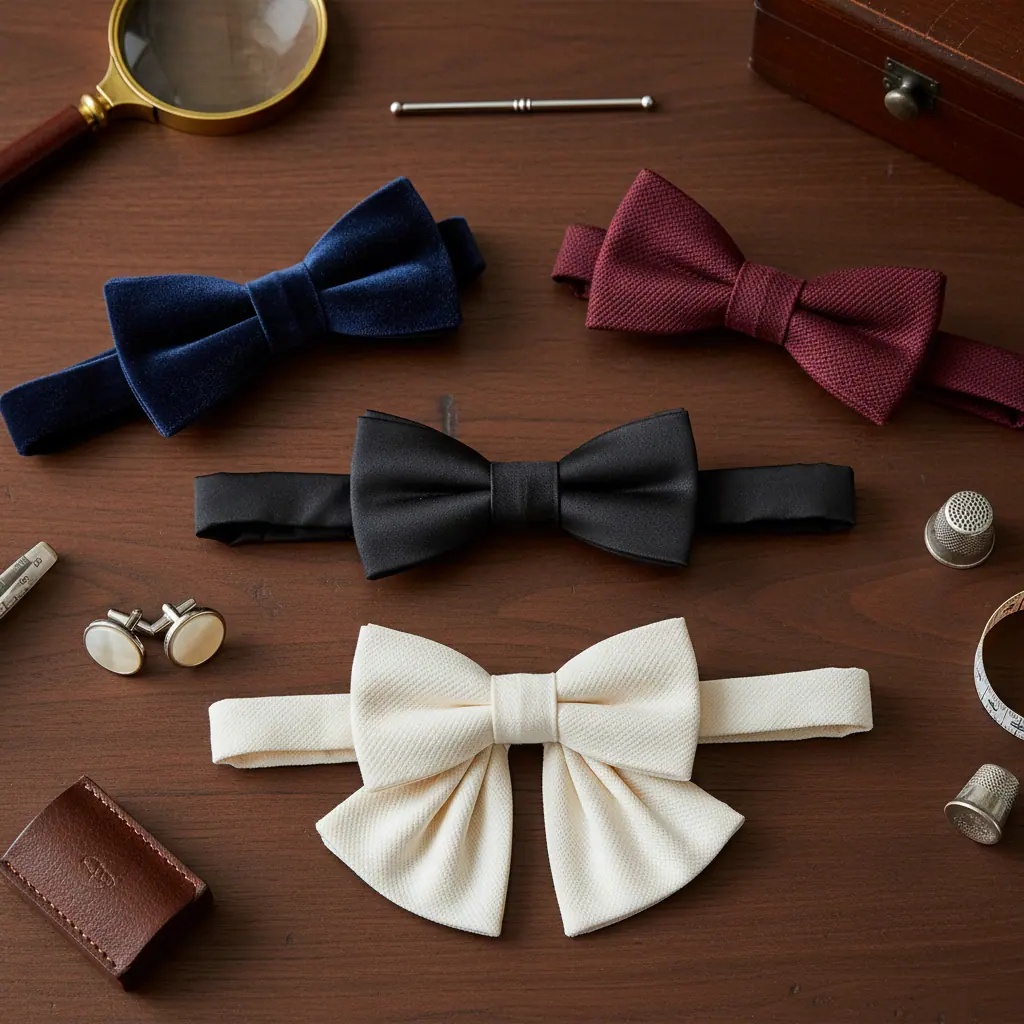 Boîte d'atelier présentant plusieurs nœuds papillon noirs en barathea et satin de différentes formes