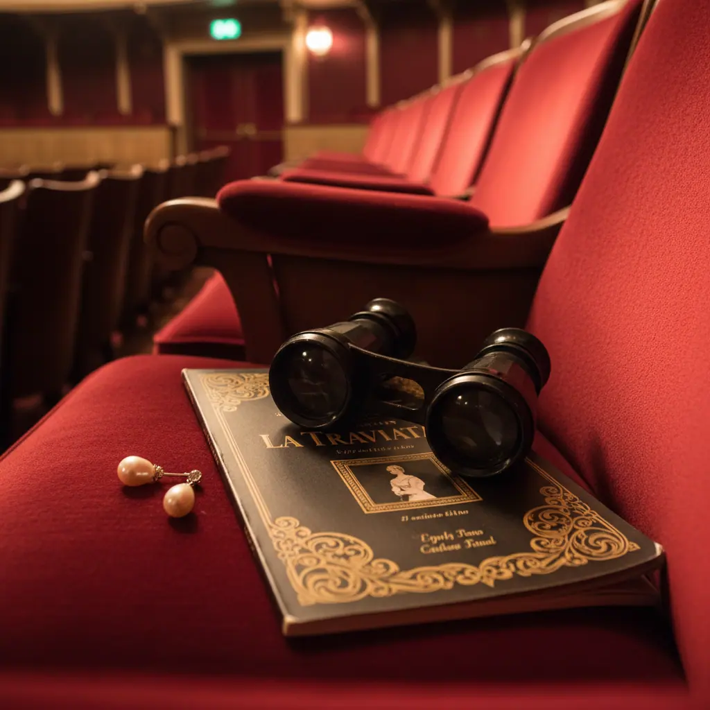 Foyer d'un grand opéra italien, lustres en cristal et public en tenue de soirée