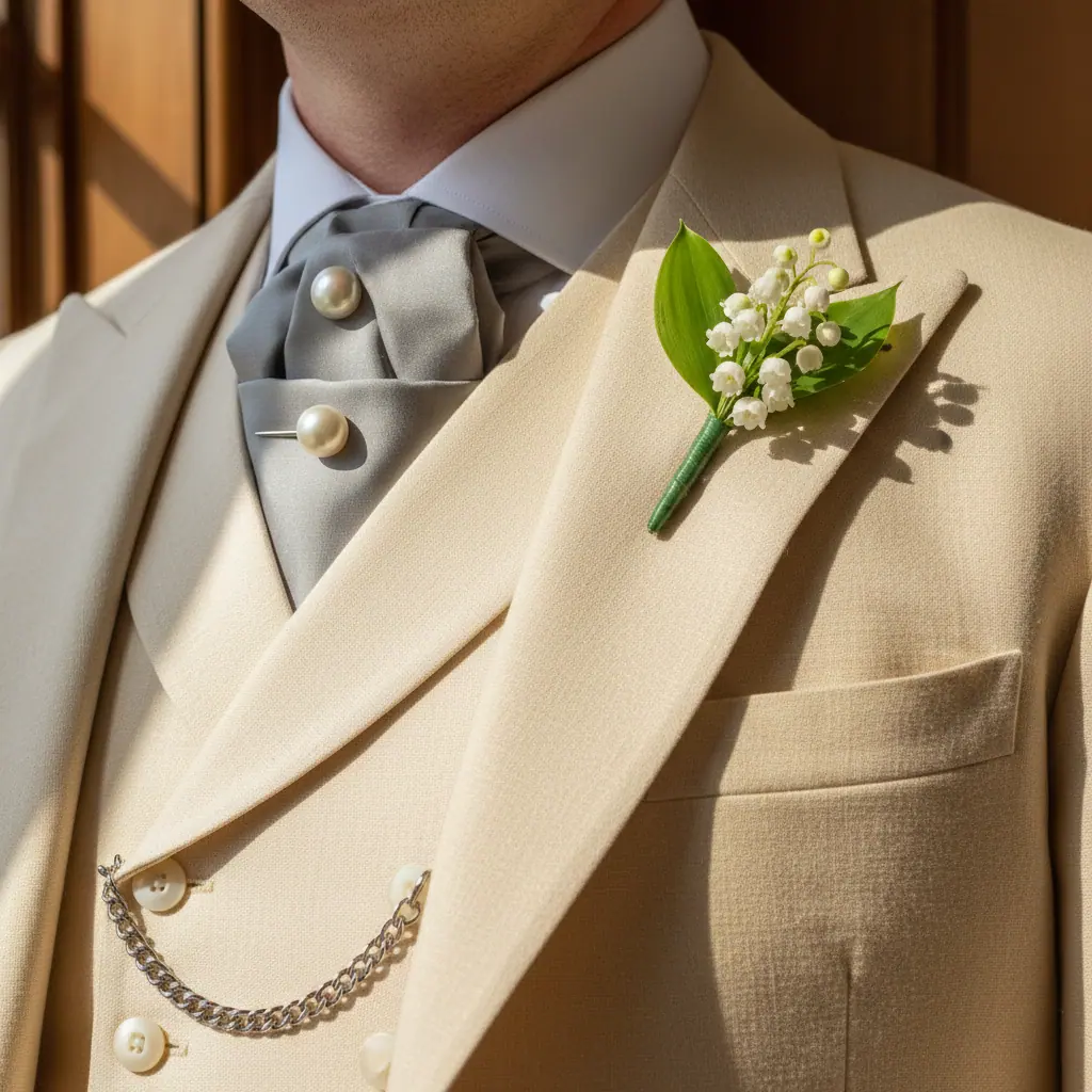 Détail des revers et du gilet d'un costume trois-pièces de père de la mariée