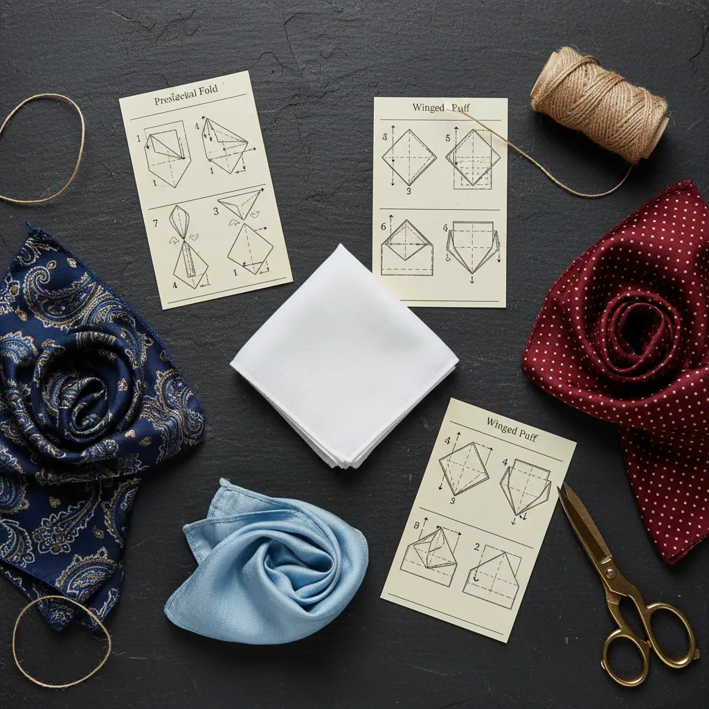 Démonstration de cinq pliages canoniques de pochette posés sur un plateau en cuir patiné, du TV fold au puff napolitain