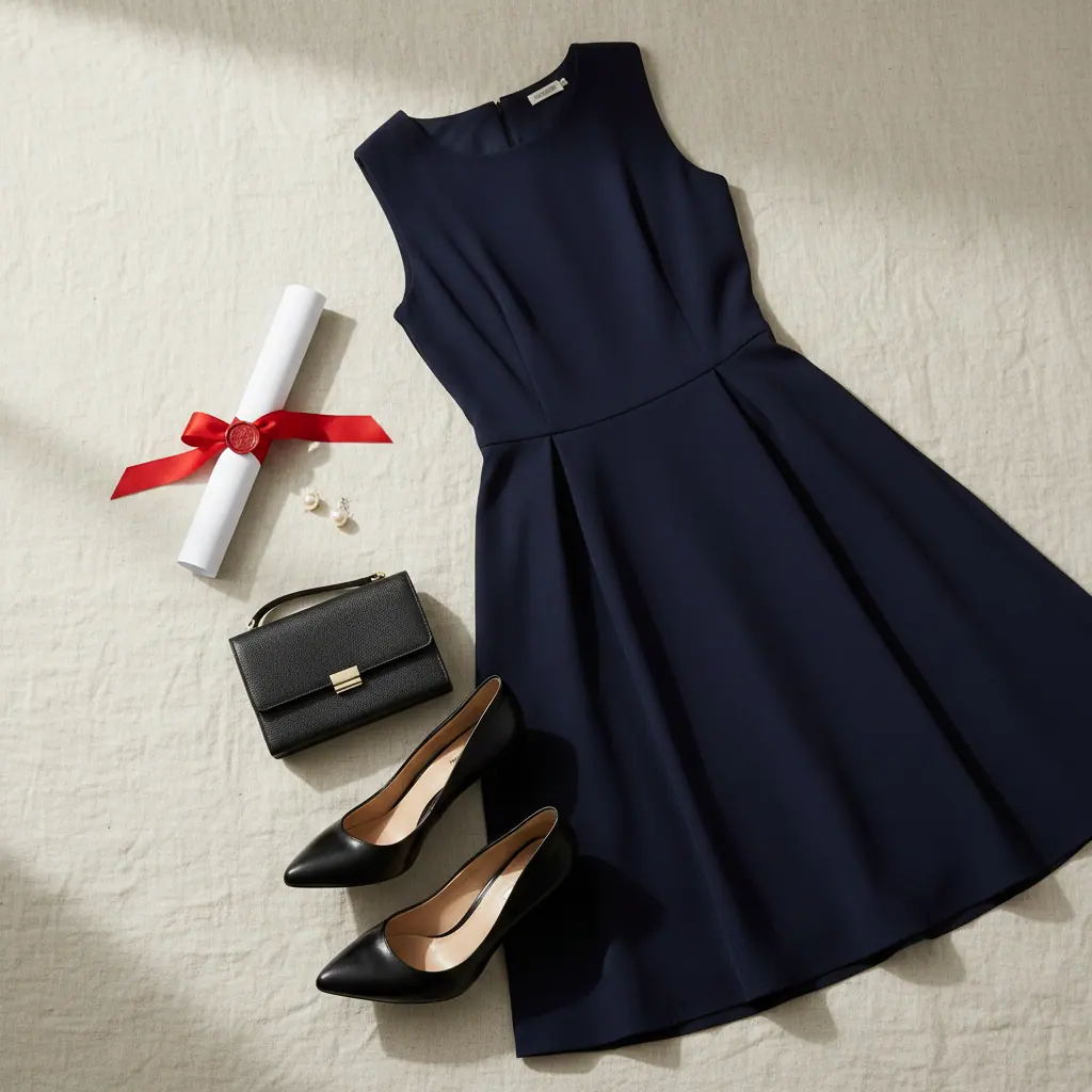 Costume bleu nuit impeccable avec toge noire et mortier à pompon doré