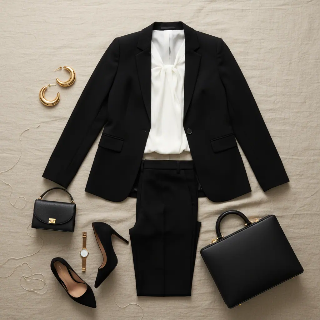 Détail d'une veste de tailleur pantalon femme avec revers en pointe et bouton de nacre