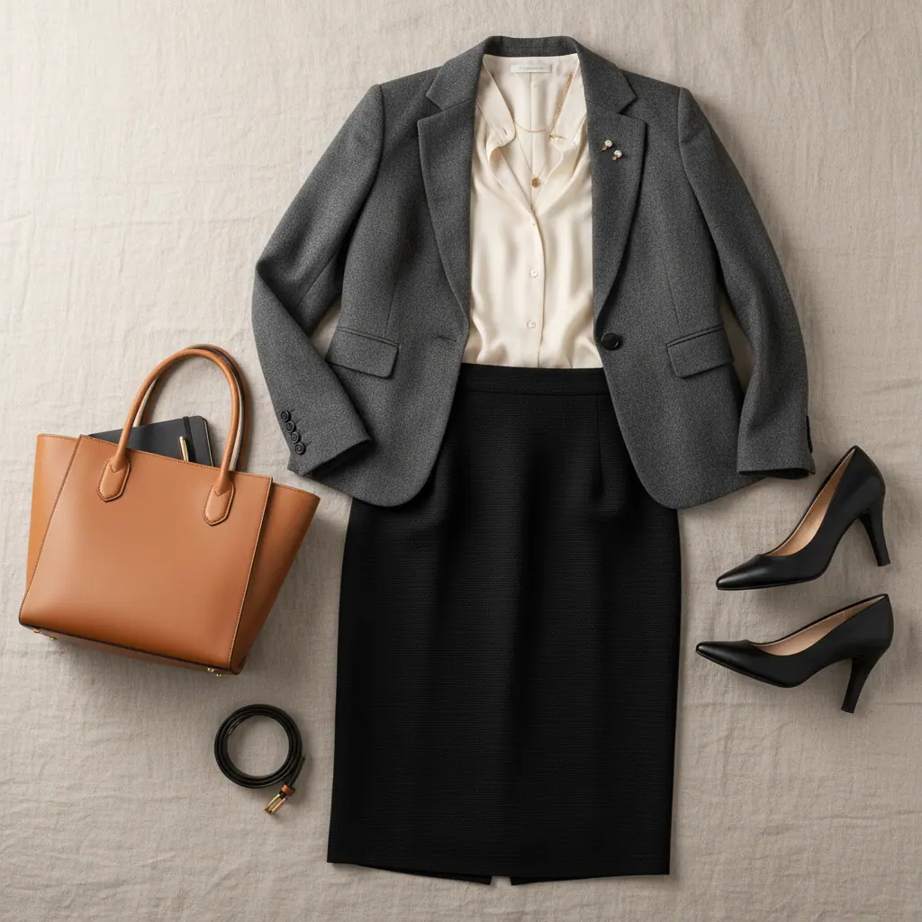 Vestiaire professionnel femme tailleur marine chemisier soie escarpins cuir