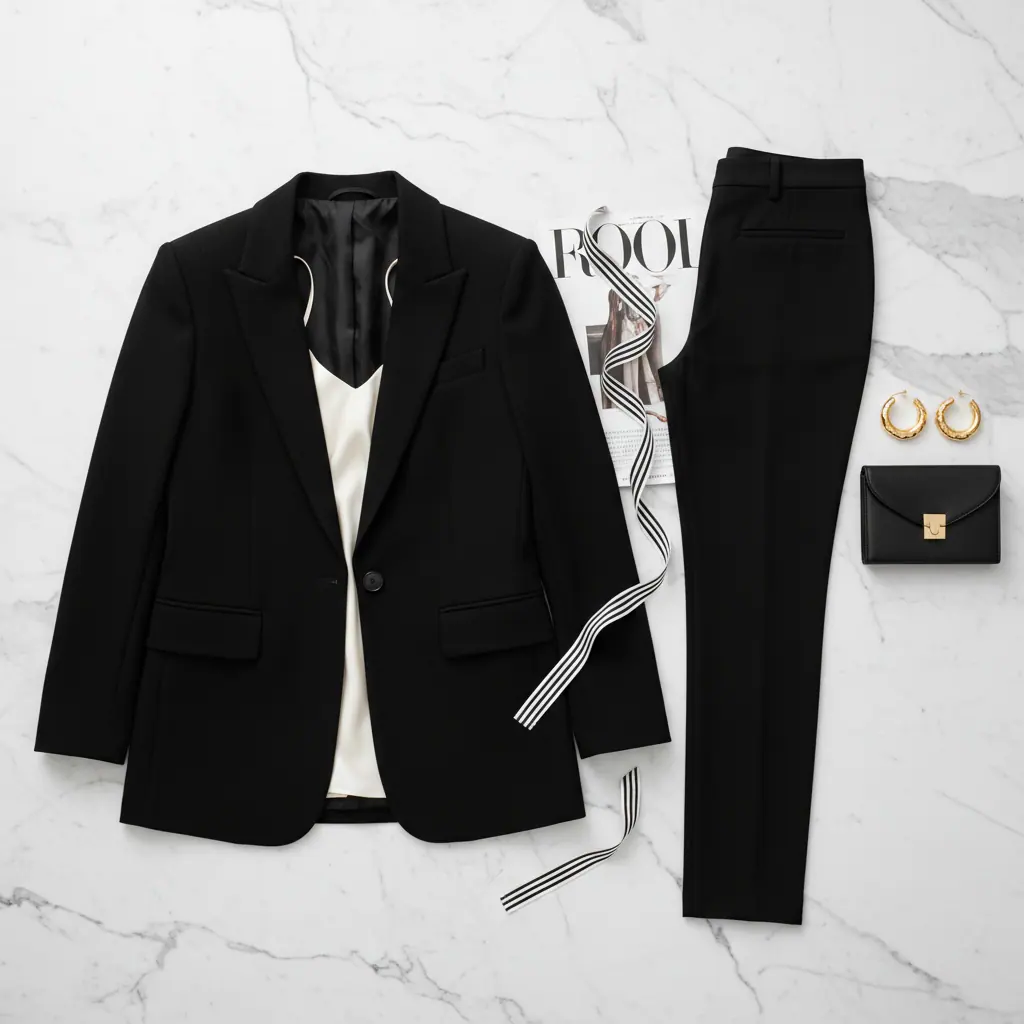 Détail d'une manche de blazer noir avec bracelet manchette en argent brossé près d'un cadre doré