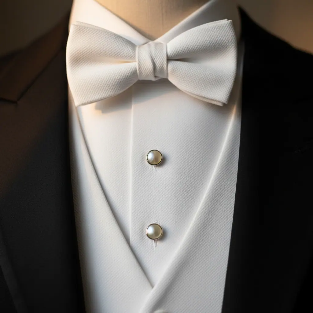 Détails de tenue white-tie : col cassé, nœud papillon piqué blanc et boutons de plastron en nacre