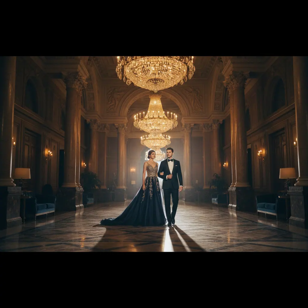 Couple en tenue formelle dans un hall d'hôtel de luxe